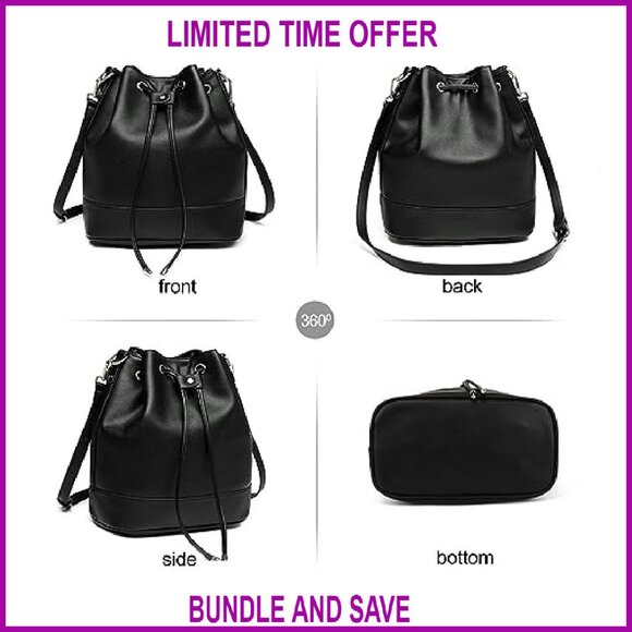 Leather Bucket Bag with Drawstring Closure and 2 Detachable Straps - Picture 6 of 8